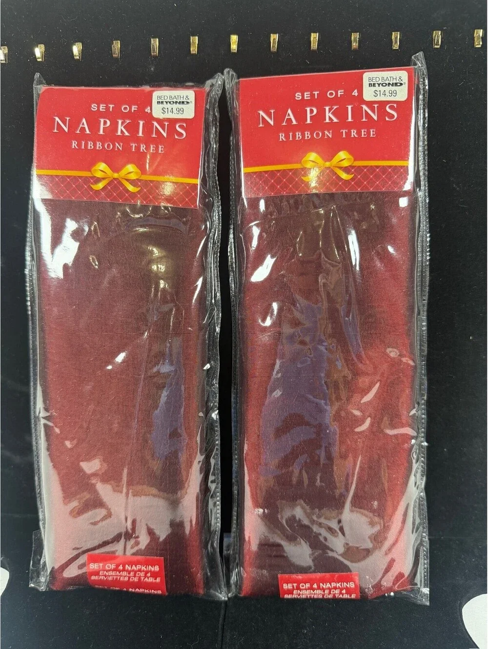 Lot of 2 Ribbon Tree Napkin Sets (8 Total) Red Holiday Table Linens F4